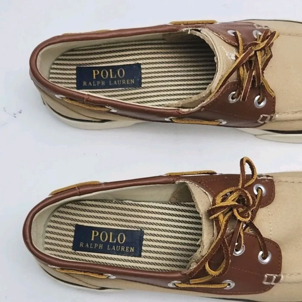 Polo Ralph Lauren Boat Shoes Men Sz 9.5 D Tan Brown Canvas Leather Rylander